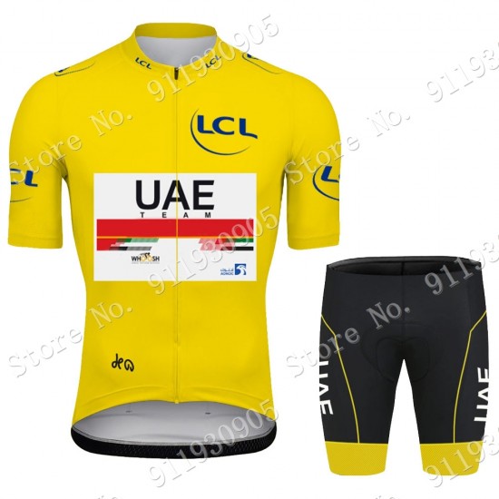 Yellow UAE Emirates Tour De France 2021 Fietskleding Fietsshirt Korte Mouw+Korte Fietsbroeken Bib 2021072940