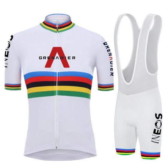 White Ineos Champion Pro Team 2021 Fietskleding Fietsshirt Korte Mouw+Korte Fietsbroeken Bib 20210618