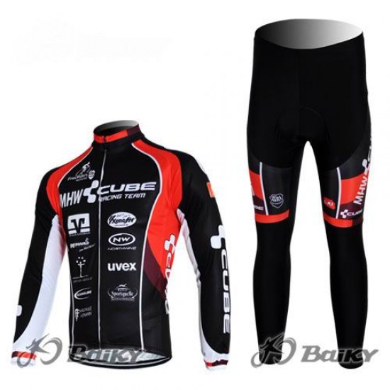 MHW Cube Racing Team Fietspakken Fietsshirt lange mouw+lange fietsbroeken rood zwart 4383