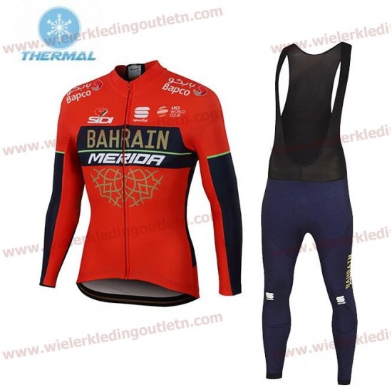 Bahrain Merida 2018 winterset Wielerkleding Set Wielershirts lange mouw+fietsbroek lang met zeem nl18a062