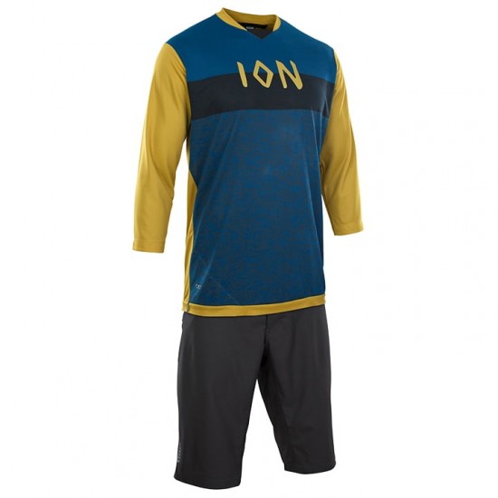 ION Scrub AMP Fietskleding Bikeshirt Langarm+Bikeshorts Blauw Geel HNVVV HNVVV