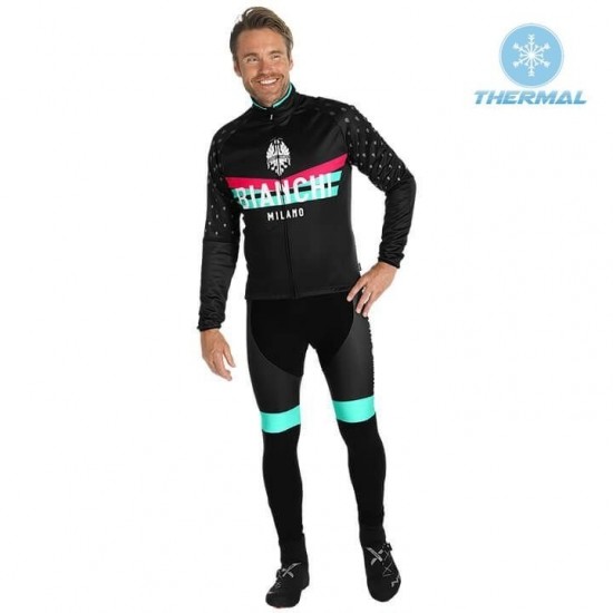 2019 Bianchi Milano PB zwart Thermo Wielerkleding Set Wielershirts lange mouw+fietsbroek lang met QFIQ525