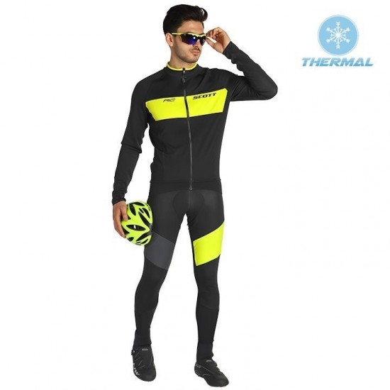 2019 Scott RC FF zwart-geel Thermo Wielerkleding Set Wielershirts lange mouw+fietsbroek lang met JAHD936