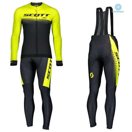 2019 Scott-RC PRO zwart-geel winterset Wielerkleding Set Wielershirts lange mouw+fietsbroek lang met zeem cSJPB